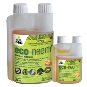 Eco-Neem Concentrate 200mL and 250mL bottles side by side on white background.