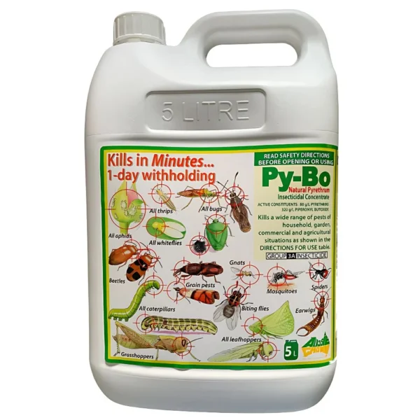 Side view of Py-Bo Natural Pyrethrum Concentrate 5L container on white background
