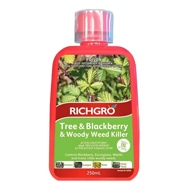 250ml bottle of Richgro Tree & Blackberry & Woody Weedkiller placed on a wooden surface with bushland in the background.
