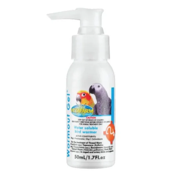 Vetafarm Wormout Gel 50mL, an effective treatment for eliminating internal parasites in birds.