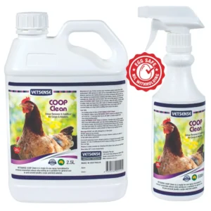 Vetsense Coop Clean 500mL, a powerful poultry coop sanitiser that removes odours and keeps coops hygienic.