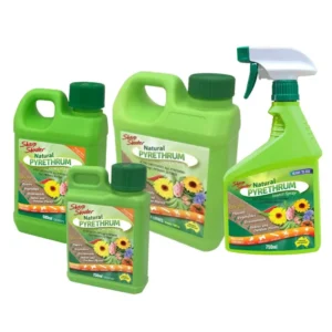 Sharp Shooter Natural Pyrethrum Insect Spray bottles in 250ml, 500ml, 750ml, and 1L sizes grouped on white background