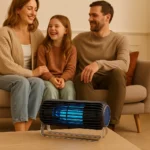 Family sitting in a living room with Pestrol Hybrid Mosquito Trap on coffee table for indoor insect protection