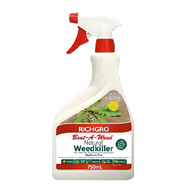 Bottle of Richgro Beat-A-Weed Natural Weedkiller placed in a garden setting.