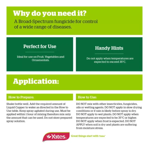 Instructional guide for using Liquid Copper Fungicide Concentrate - 200ml, showing application tips and benefits for plant disease control.