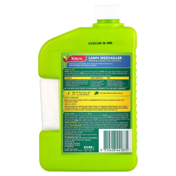 Close-up of Yates Bindii & Clover Weeder Concentrate label