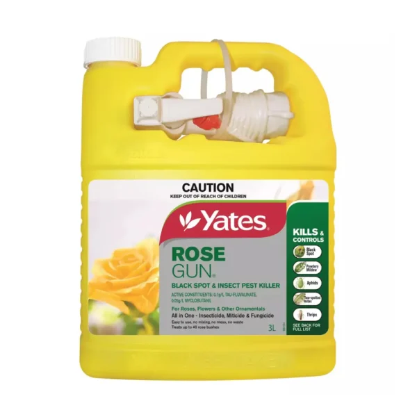Close-up of Yates Rose Gun RTU bottle showing label, trigger sprayer, and 750ml volume.