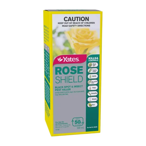 Boxed packaging of Yates Rose Shield Concentrate 500mL for insect and disease control on roses.