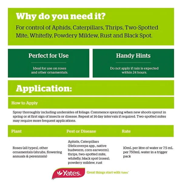 Infographic showing Yates Rose Shield Concentrate in front of blooming roses, with icons for pests, diseases, application timing, and dosage.
