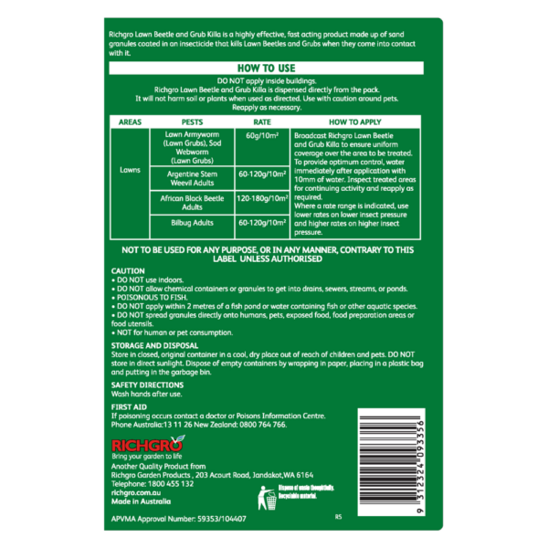Back label of Richgro Lawn Beetle and Grub Killa showing application directions, safety instructions, and product details.