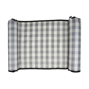 Acquaboss inflatable water hammock fully unrolled on white background showing grey gingham style mesh with inflatable head and leg supports"