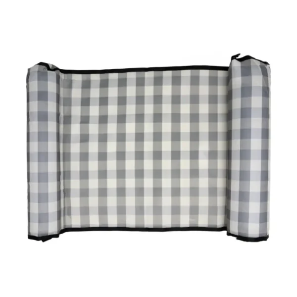 Acquaboss inflatable water hammock fully unrolled on white background showing grey gingham style mesh with inflatable head and leg supports"