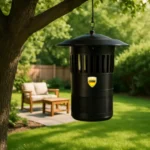 Outdoor mosquito trap hanging from tree in garden setting, Midge Master Mosquito Trap