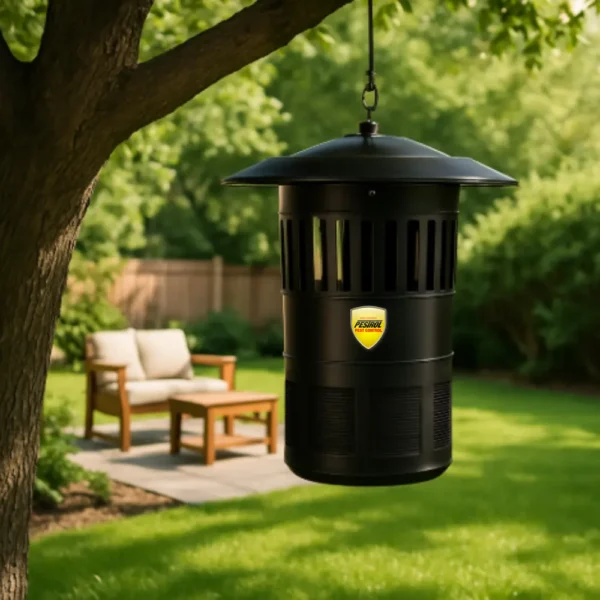 Outdoor mosquito trap hanging from tree in garden setting, Midge Master Mosquito Trap
