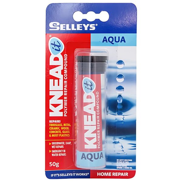 A 50g pack of Selleys Knead It Aqua epoxy putty, designed for repairing wet, damp, or underwater surfaces.