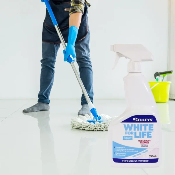 Close-up of Selleys White For Life Tile and Grout Cleaner, a powerful formula for restoring grout and tile surfaces.