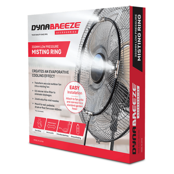Dynabreeze 350mm Low Pressure Fan Misting Ring dispersing a refreshing mist, ideal for cooling patios, workshops, and outdoor events.