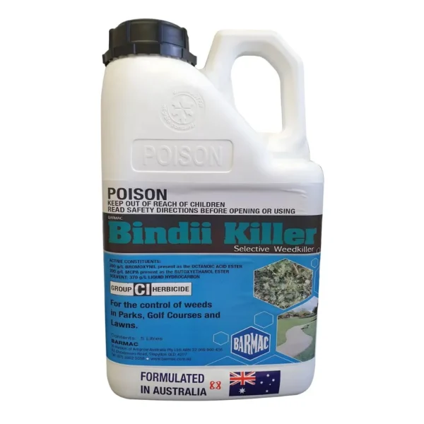 Barmac Bindii Killer 5L bottle – post-emergent weed control for lawns.