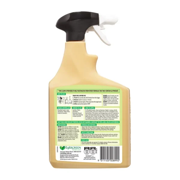 Back label of Roundup Natural Weedkiller 1L RTU bottle – acetic acid based glyphosate-free weed killer with usage instructions and safety information