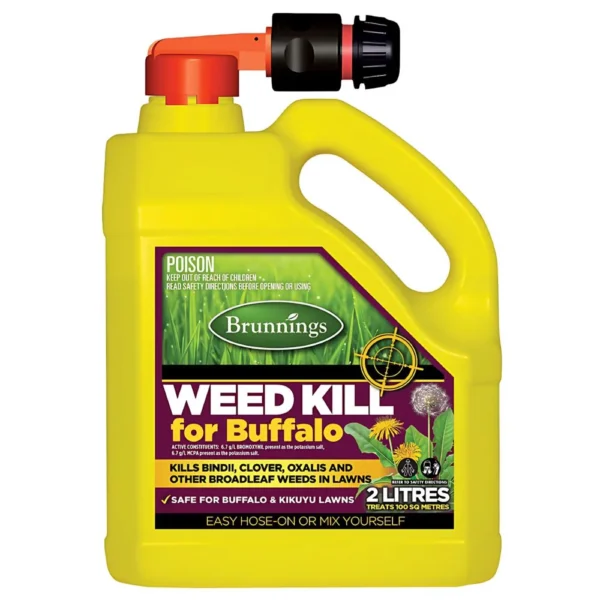 Brunnings Weed Kill for Buffalo Lawns 2L bottle for selective broadleaf weed control.