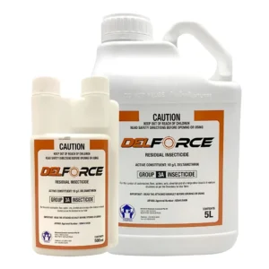 Delforce Insecticide 500ml and 5L bottles side by side on white background