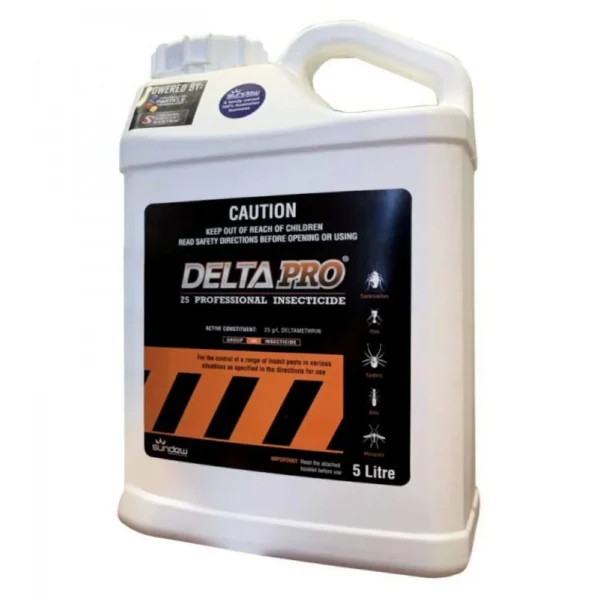 Back of DeltaPro 25SC Residual Insecticide showing application instructions and safety info on a white background