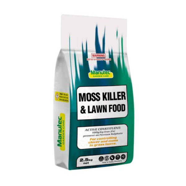 Manutec Moss Killer & Lawn Food 2.5kg – a soluble fertiliser for soil deficiencies that nourishes lawns while eliminating moss and clover.