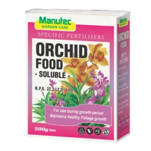 Manutec Orchid Food 500g – A water-soluble fertiliser designed to support healthy orchid growth, enhance blooms, and improve root development.