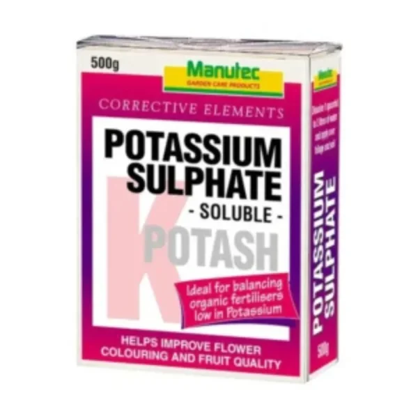 Manutec Potassium Sulphate 500g – a soluble fertiliser that enhances plant growth, boosts flower colour, and improves fruit quality.