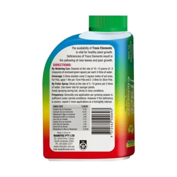 Manutec Soluble Trace Elements 500g Back label with product instructions and details