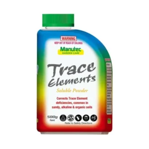 Manutec Soluble Trace Elements 500g front view of plastic bottle for plant nutrition.