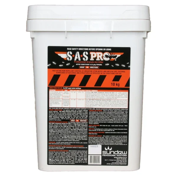 SAS Pro Insecticide granule bag placed near turf area and spreader.