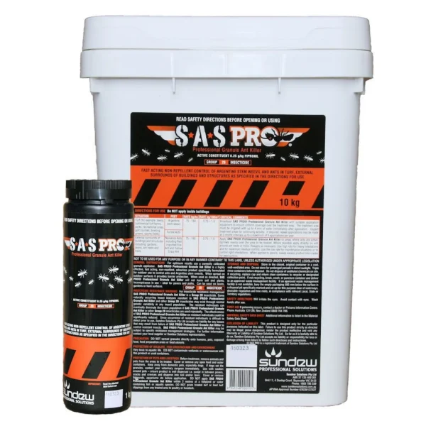 Close-up of SAS Pro Granular Insecticide bag showing usage and safety instructions.