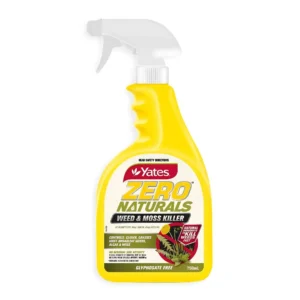 Yates Zero Naturals Weed & Moss Killer bottle on a garden path with weeds drying after application.