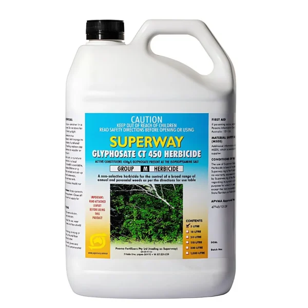Glyphosate CT 450 Herbicide bottle with a label highlighting its agricultural weed killer features.