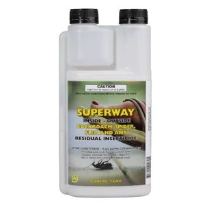 Superway Inside & Outside Cockroach Killer bottle with clear label.
