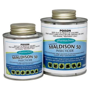 Maldison 50 Insecticide bottles in 250mL and 500mL sizes on white background.