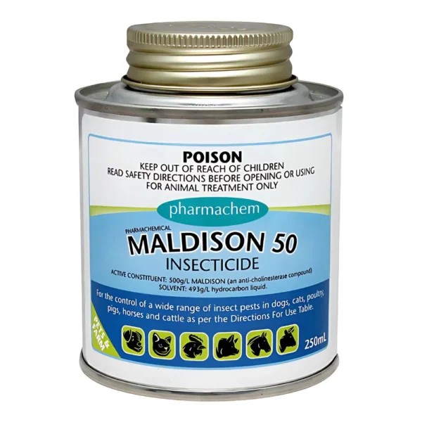 Maldison 50 Insecticide Concentrate 250mL bottle on a white background.