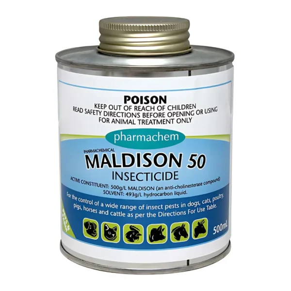Maldison 50 Insecticide Concentrate 500mL bottle on white background.