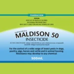 Close-up of the Maldison 50 Insecticide product label with dosage and safety directions.
