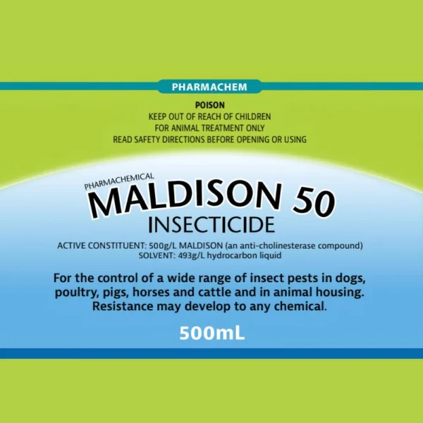 Close-up of the Maldison 50 Insecticide product label with dosage and safety directions.