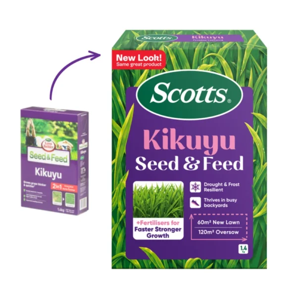 Scotts Lawn Builder Seed & Feed Kikuyu 1.4kg granules on a Kikuyu lawn
