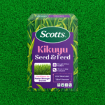Scotts Lawn Builder Seed & Feed Kikuyu 1.4kg with a flourishing Kikuyu lawn in the background