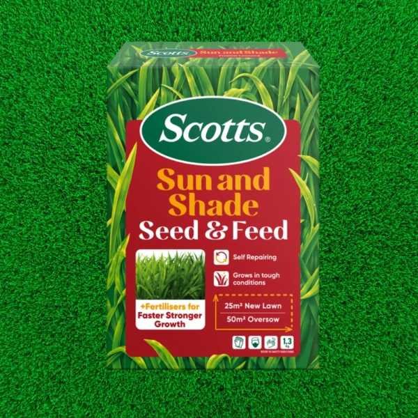 Scotts Lawn Builder Seed & Feed Sun & Shade 1.3kg applied to a lawn with mixed sun and shade