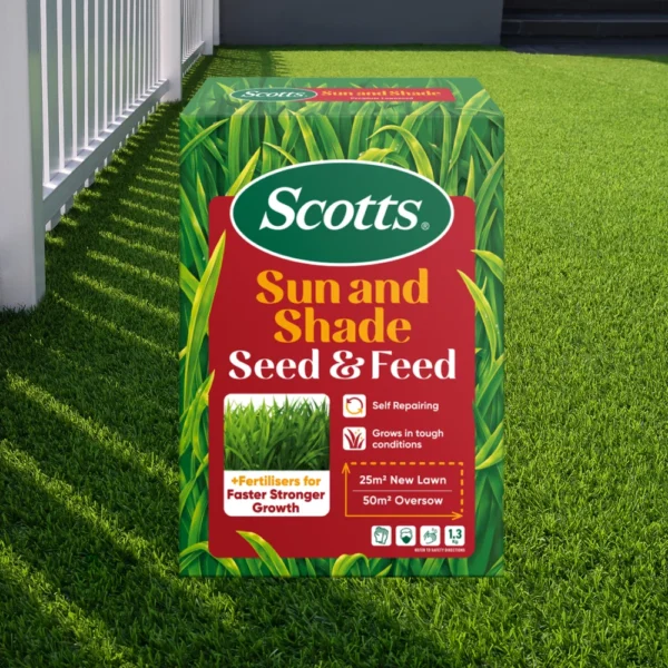 Scotts Lawn Builder Seed & Feed Sun & Shade 1.3kg next to a healthy lawn with both sunny and shaded areas