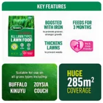 Scotts Lawn Builder 4kg next to a vibrant green lawn