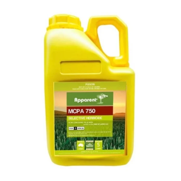 Apparent MCPA 750 5L selective herbicide for broadleaf weed control in pastures and cereal crops.