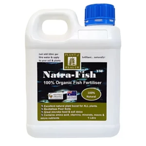 Front view of Fish Liquid Fertiliser Natra Concentrate 1L bottle