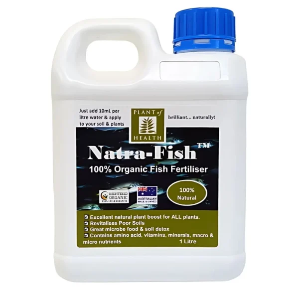 Front view of Fish Liquid Fertiliser Natra Concentrate 1L bottle