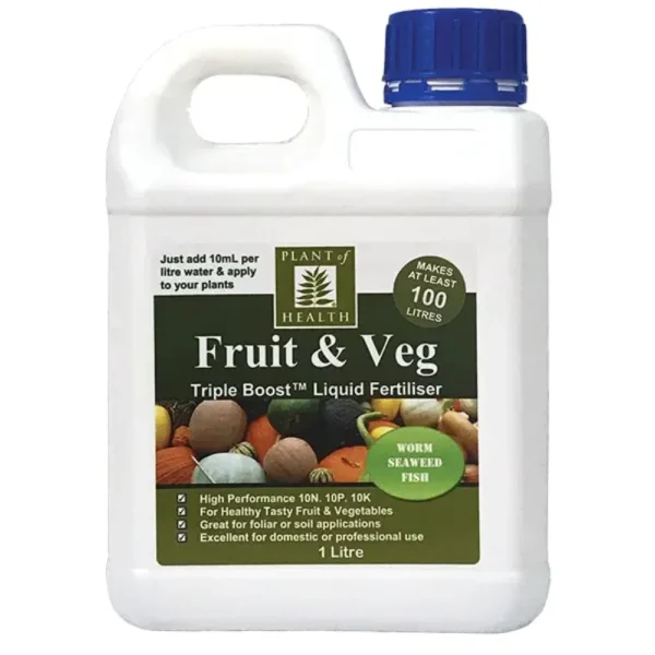 Front view of Fruit and Veg Triple Boost Concentrate Liquid Fertiliser 1L bottle
